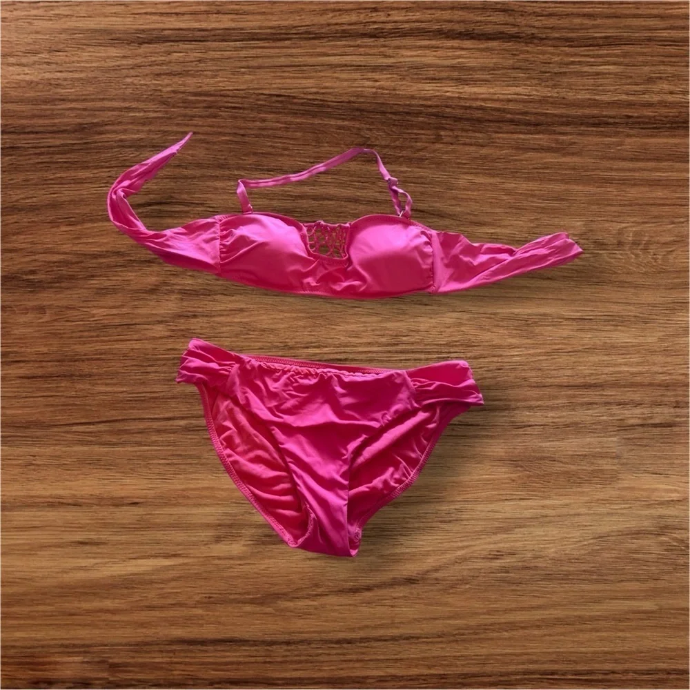 Bikini Set Leilani swimsuit set strapless Tie top bikini button Hot pink 10